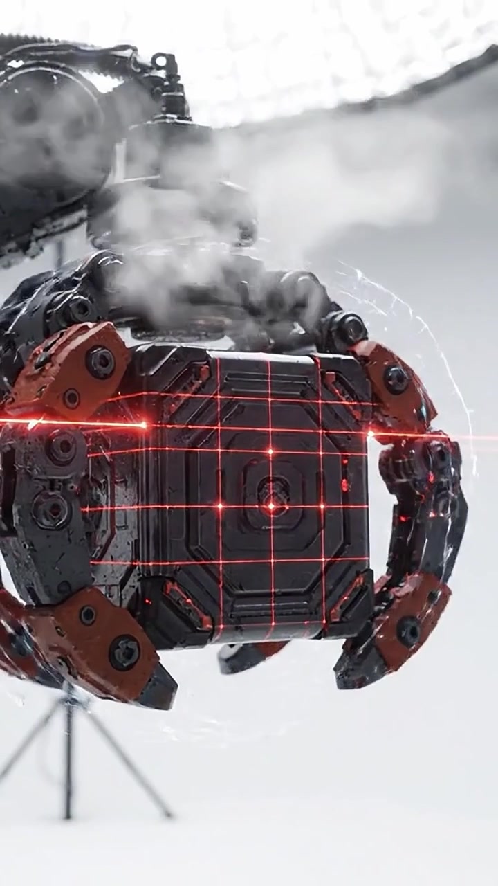 Advanced Robotic Arm Holding High-Tech Cube with Laser Grid for Precision Measurement in a Futuristic Studio Environment on a Professional Setup.