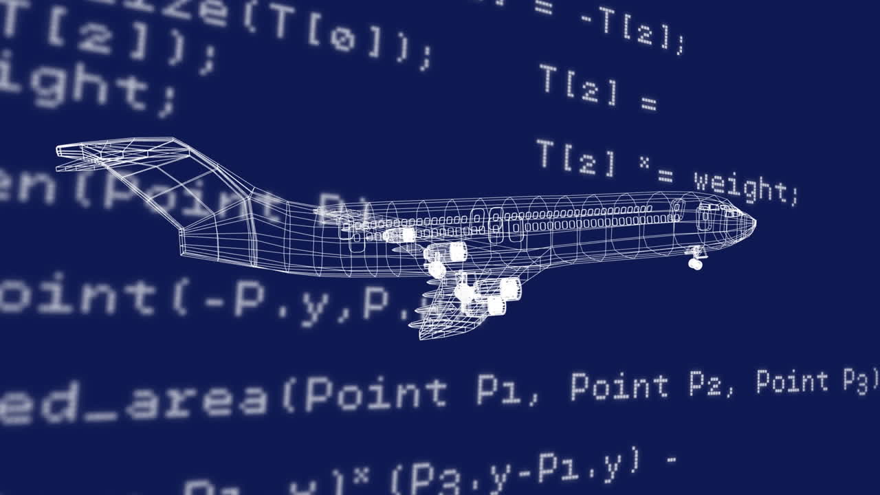 데이터와 파란색 배경에 회전하는 평면 모델