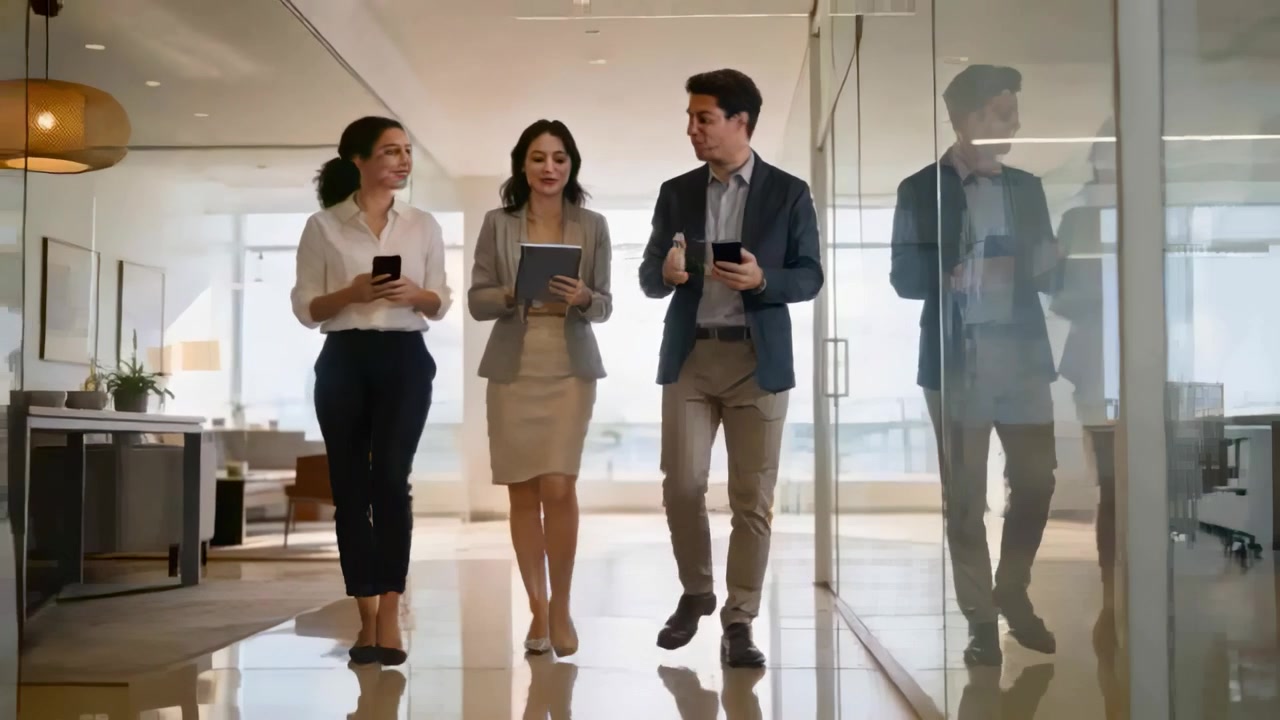 Entering frame, walking three in suits scanning tablet and checking phones in glass corridor