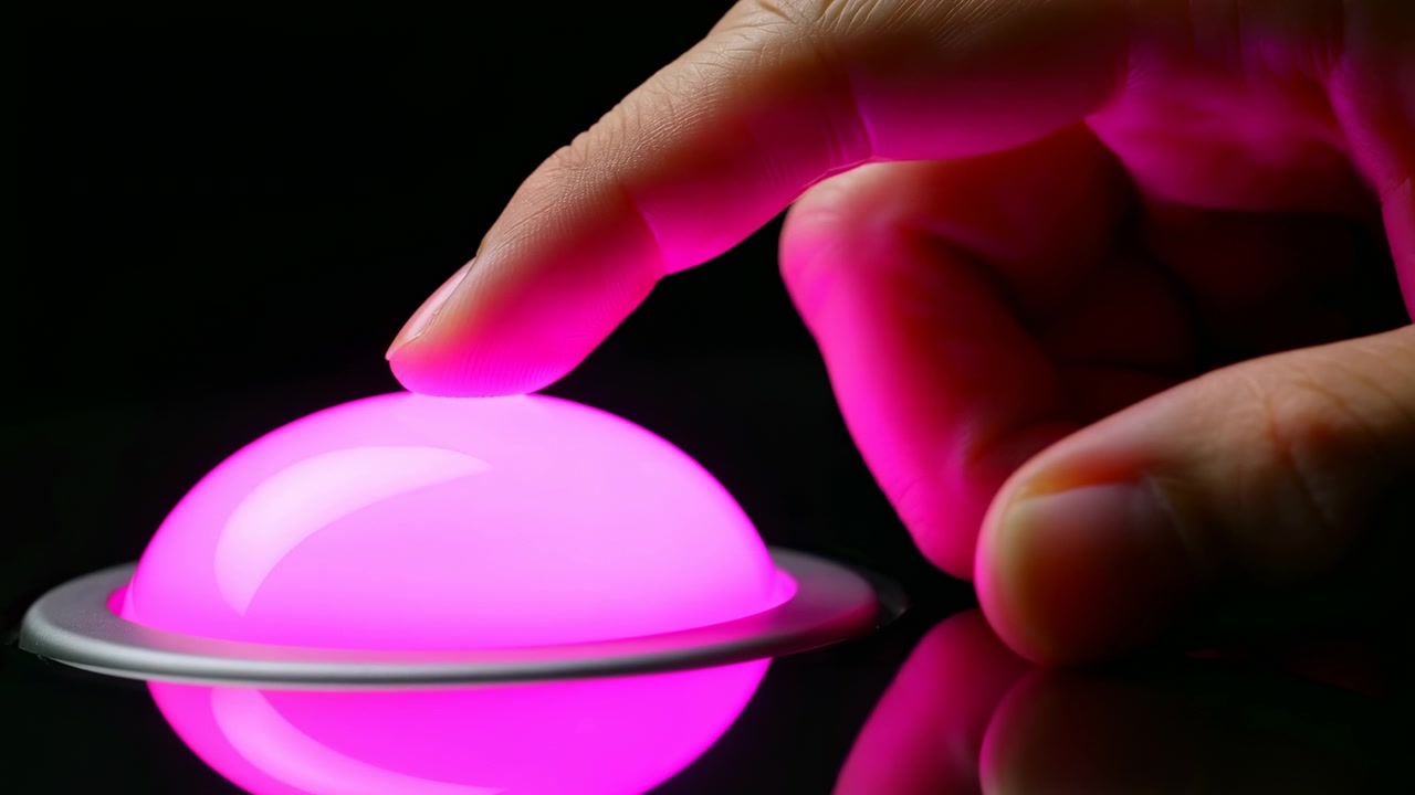 A hand skillfully manipulates a glowing glass sphere against a dark background, adorned with a metallic ring, creating a mysterious and futuristic atmosphere. This close-up perspective.