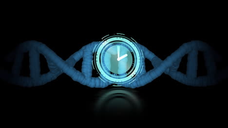 animación de un reloj que se mueve sobre la cadena de adn sobre un fondo negro