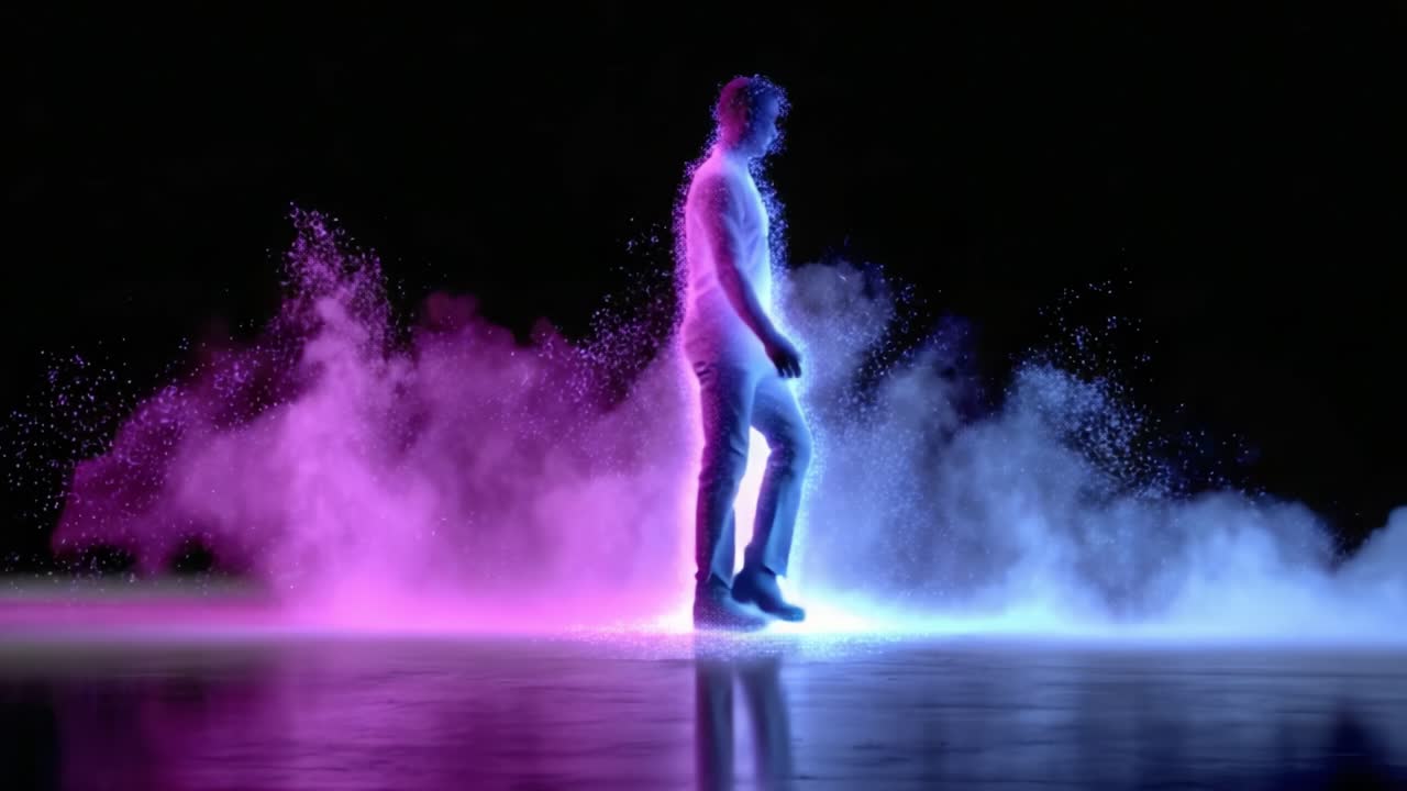 Un viaggio etereo: una silhouette che cammina attraverso una nuvola di polvere vibrante e luce colorata, creando un'esperienza visiva onirica e surreale