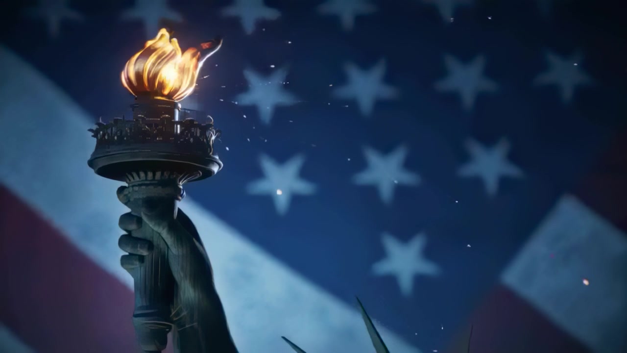 Obor Patung Liberty yang berkedip memancarkan percikan api saat suar dengan latar belakang bendera Amerika yang buram, serta ruang kosong untuk teks.