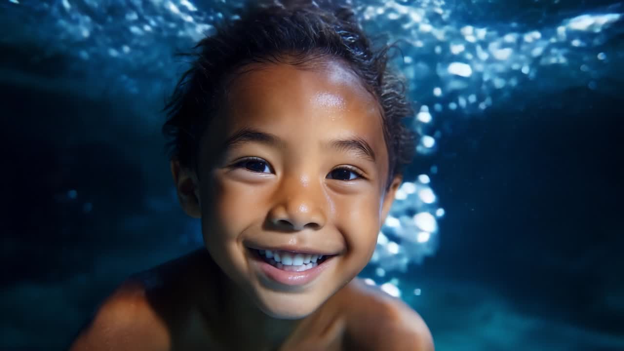 A Joyful Underwater Exploration: A Young Child's Delightful Smile Captured in Two Frames, Showcasing the Magic of Submerged Adventures and the Joy of Discovering the Underwater World
