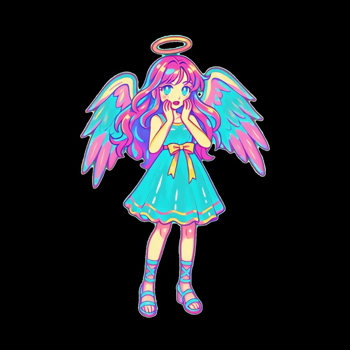 Animated Anime Style Angel Girl with Glowing Halo and Wings