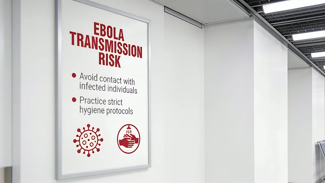 La telecamera si allontana rivelando un poster di avviso sul rischio Ebola che mostra l'igiene in un corridoio di clinica, con spazio per il testo.
