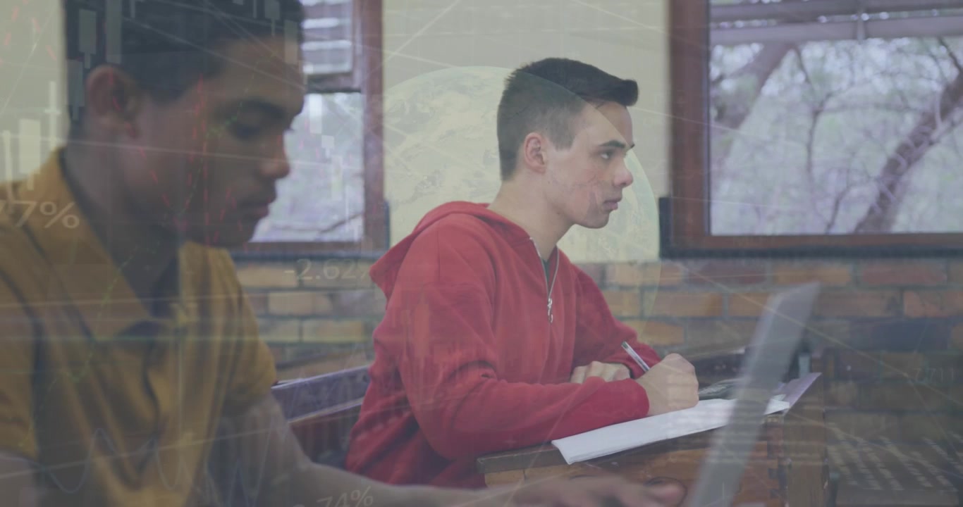 Animation of globe rotating with graphs over multiracial student studying in classroom