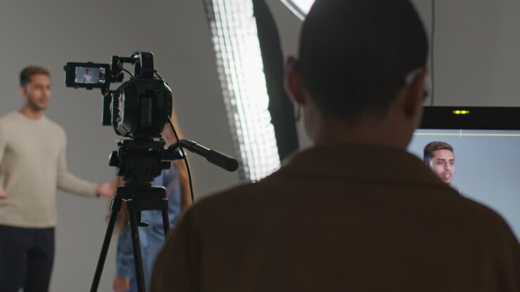 Female Film Director And Assistant Watching Actors Shooting Movie Or Video In Studio On Monitor 7