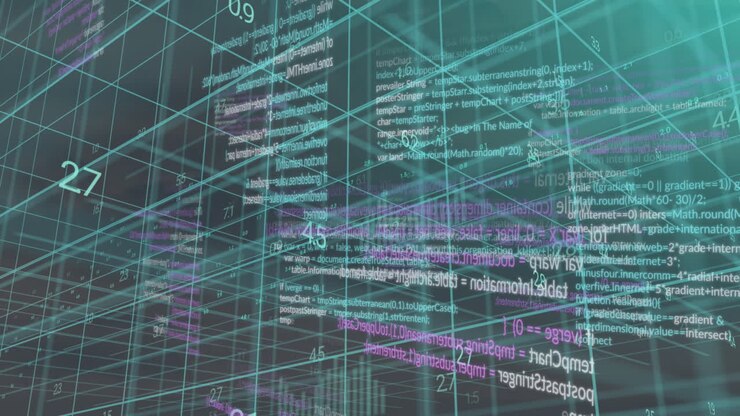 Animation of changing numbers and computer language over graph and grid pattern
