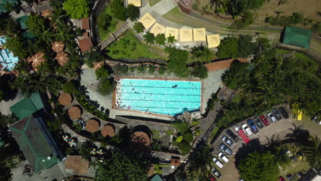 fixed overhead drone shot of people in swimming pool, on a sunny summer day