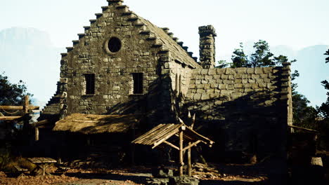 medieval stone building in a forest