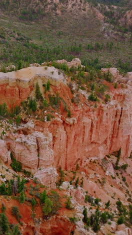 bryce national park in utah, usa. superb canyons with pine trees growing on them and at the foot of the rocks. aerial view. vertical video