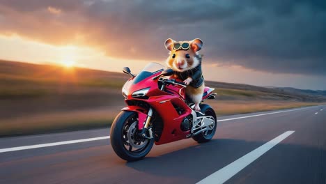 a cute hamster wearing a leather jacket and goggles rides a red motorcycle on an open road at sunset