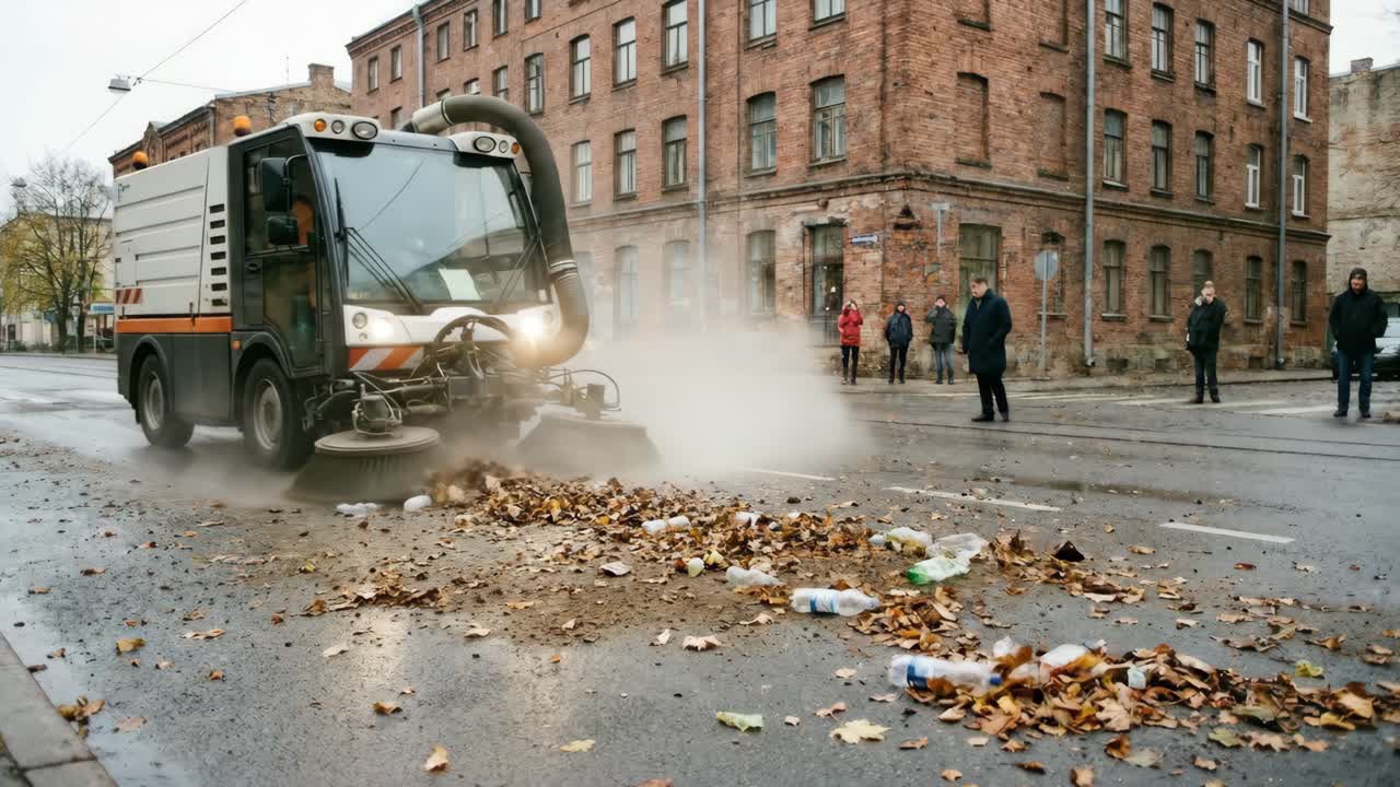 Straßenkehrer reinigt städtische Straße voller Blätter und Müll
