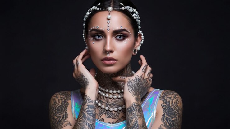 Uno splendido ritratto di una donna con intricati tatuaggi e gioielli squisiti, che posa elegantemente su uno sfondo scuro in un'esibizione artistica di bellezza e fiducia.
