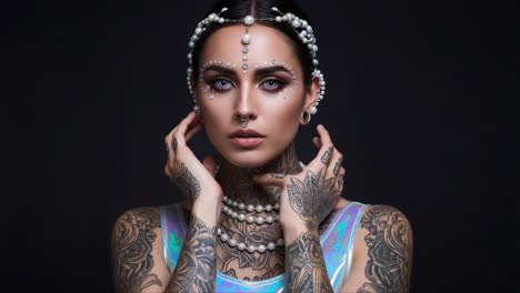 a stunning portrait of a woman with intricate tattoos and exquisite jewelry, elegantly posing against a dark background in an artful display of beauty and confidence