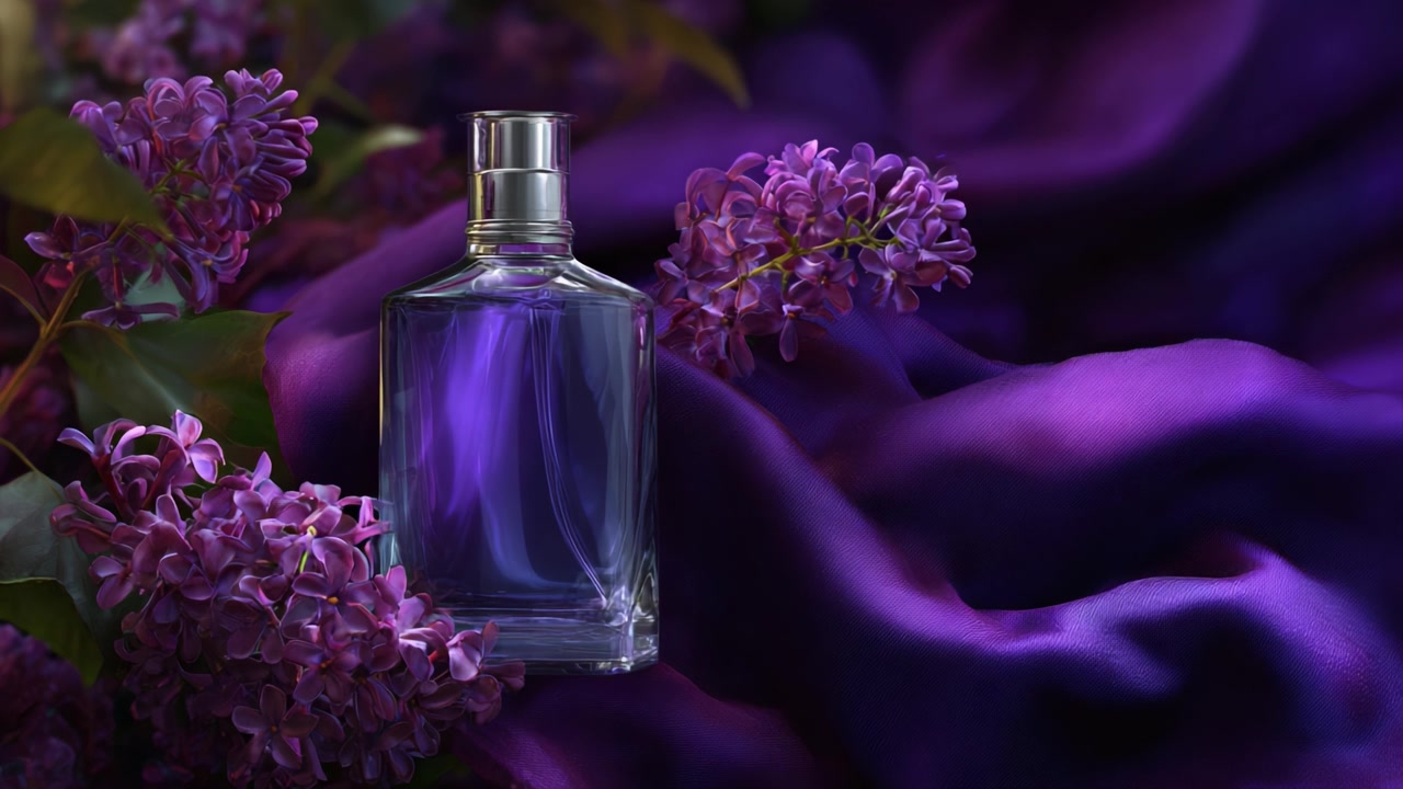 Flacone di profumo elegantemente immortalato, circondato da fiori di lillà e lussuoso raso viola, che esalta l'essenza aromatica in un capolavoro visivo.
