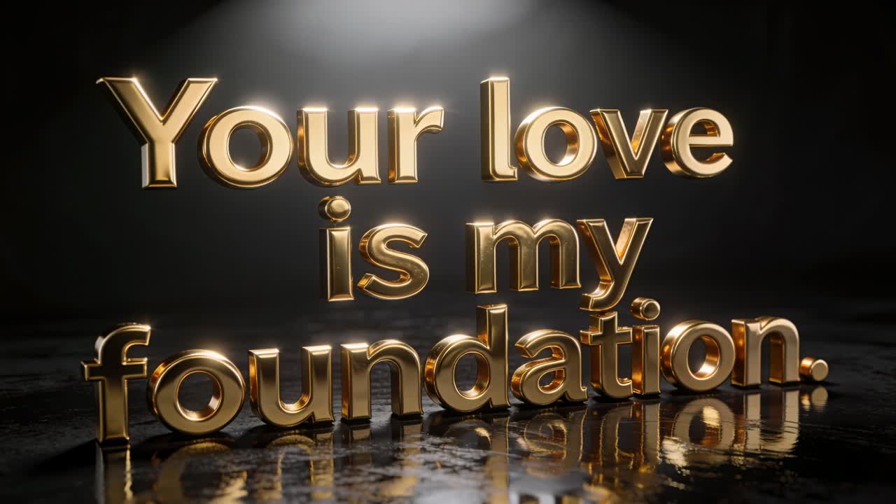 Shifting camera and spotlight revealing gold 3D text Your love my foundation accenting metal sheen