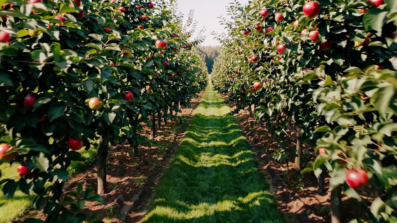 Aerial video captures a lush apple orchard with neat rows of trees, showcasing vibrant red apples
