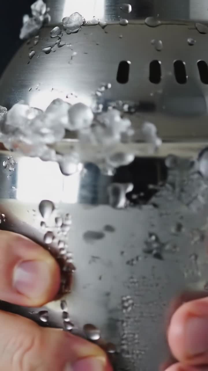 Video verticale: Premendo i polpastrelli per guidare una striscia di ghiaccio su un pannello d'acciaio in cucina, testando il gocciolamento.
