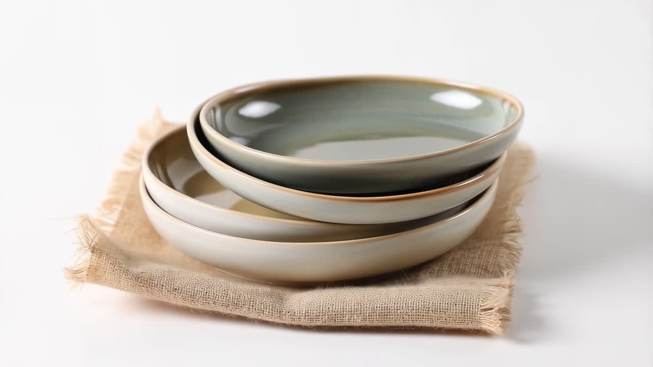 Stack of Ceramic Bowls on Burlap