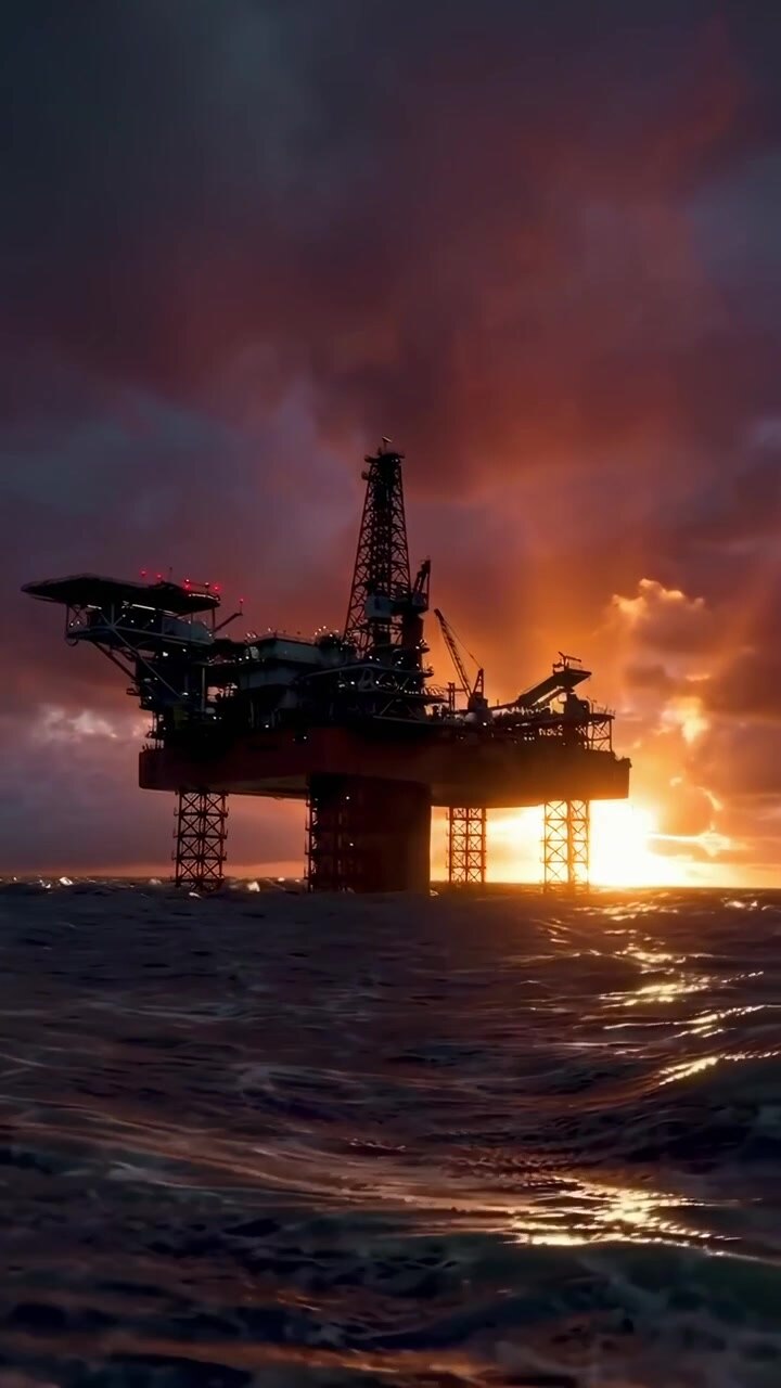Offshore Oil Rig at Sunset in the Middle of the Ocean