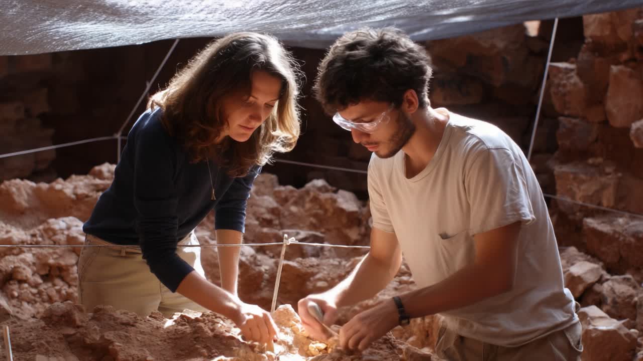 Two Archaeologists Working Together in a Dig Site, Carefully Examining Artifacts and Uncovering Historical Treasures Beneath the Soil, with Natural Light Illuminating Their Efforts