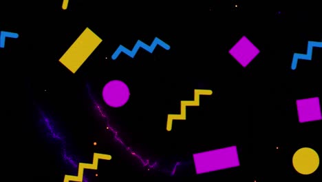 animación de formas geométricas repetidas amarillas, azules y rosadas en negro, con rastros de humo rojos