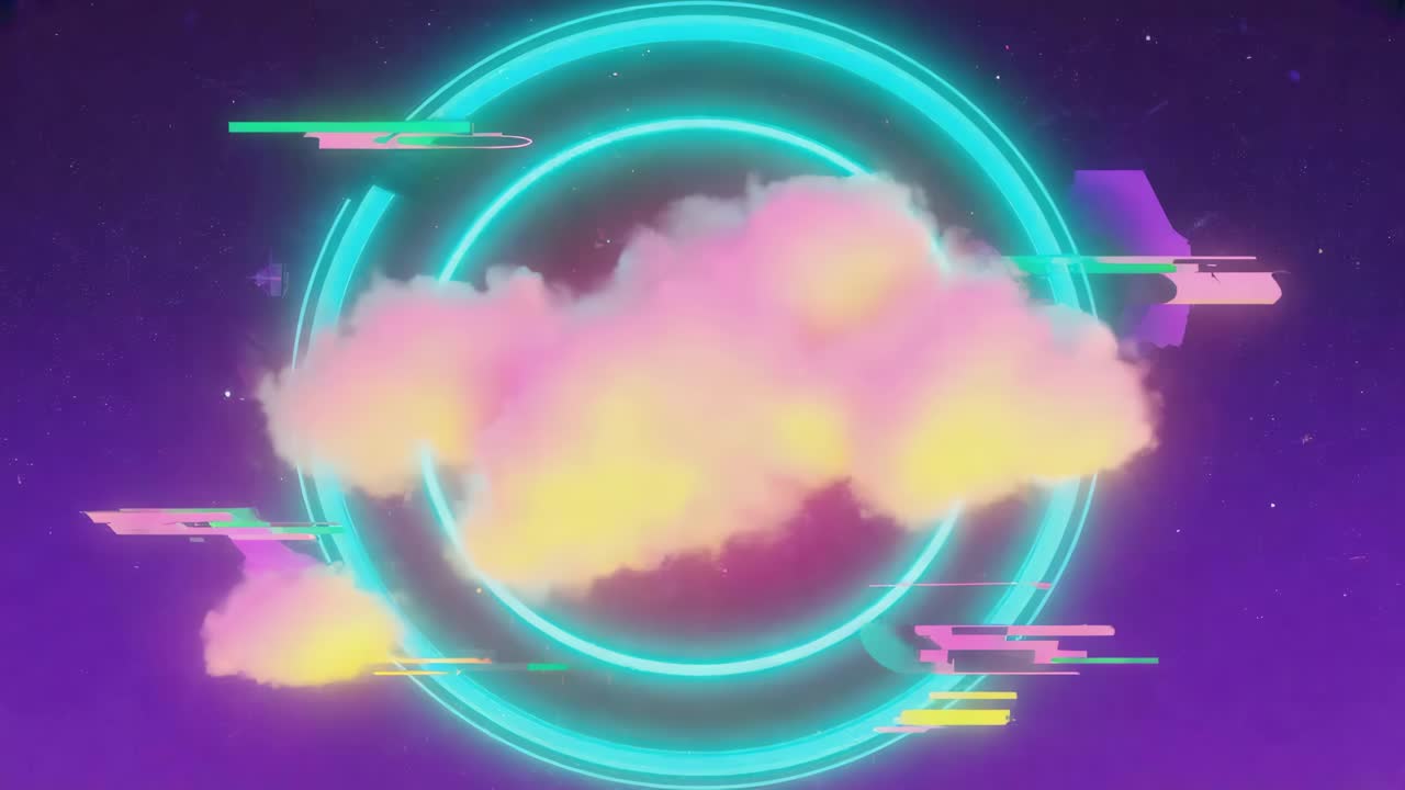 Vibrant Neon Cloud with Abstract Rings in Starry Space