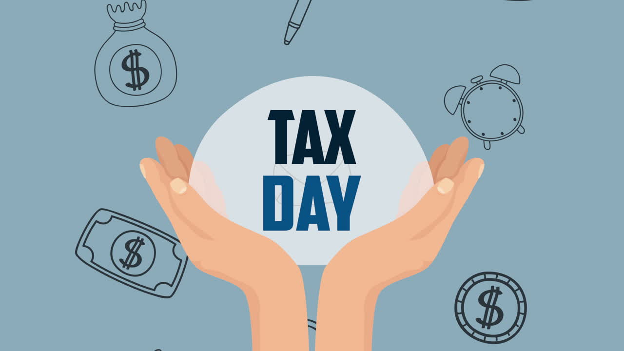 tax day animation with hands lifting and icons