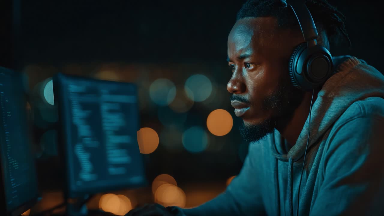 Focused Individual Analyzing Data on Computer Screens in a Dimly Lit Environment, Showcasing Concentration and Technological Engagement