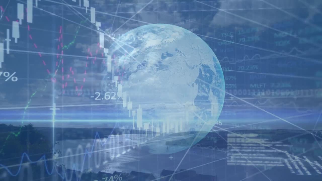 전 세계와 풍경에 대한 금융 데이터 처리 애니메이션