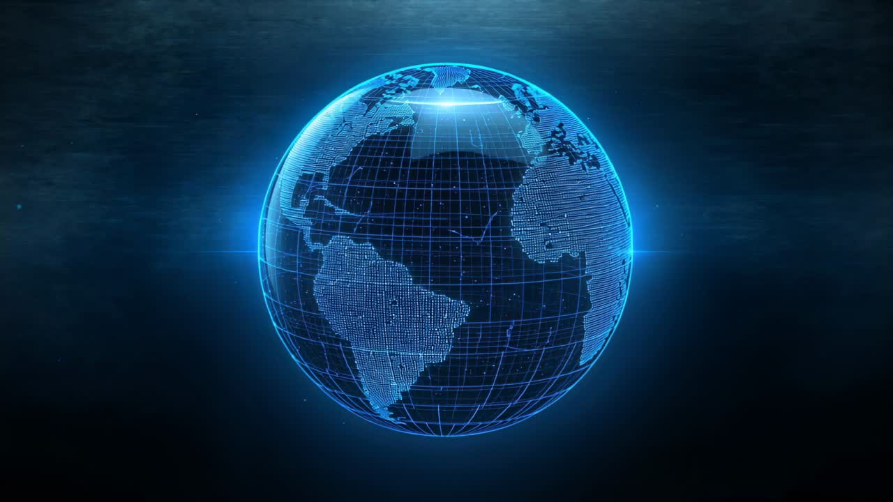 Startende hologramklode, der roterer mod øst og viser Amerika til Europa over en mørk dis med gitter og noder.