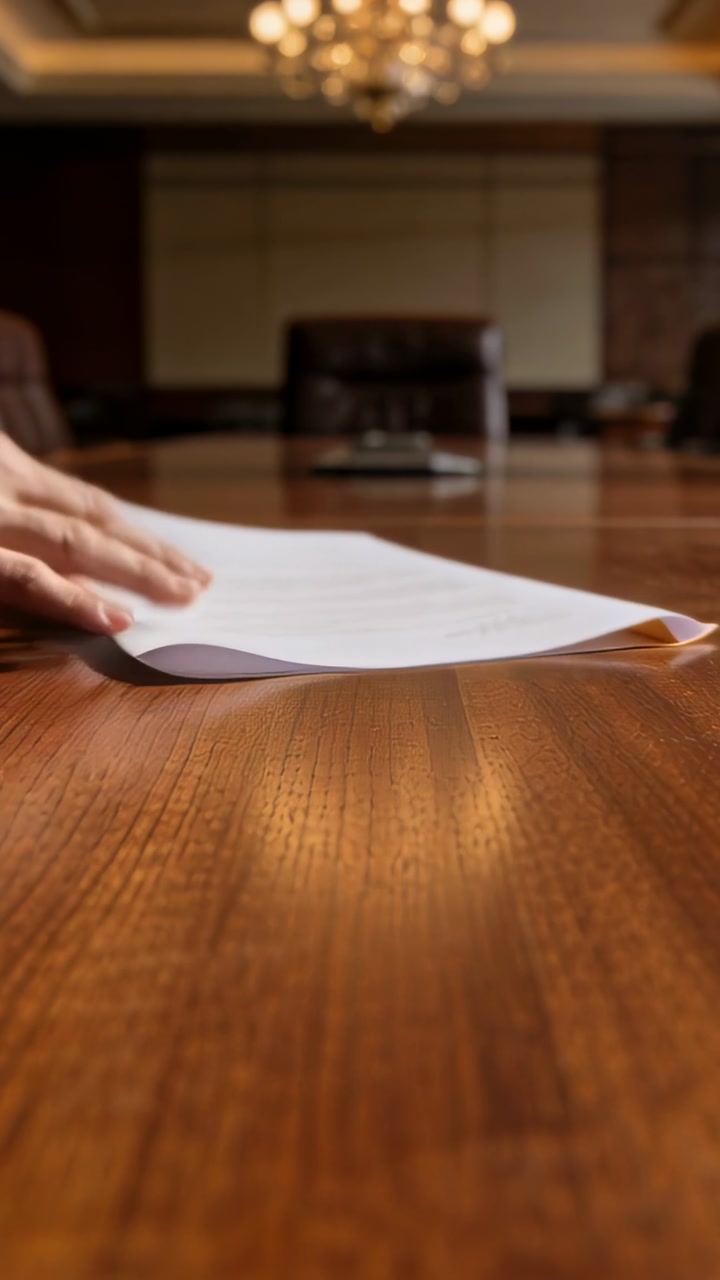 Vertical video: Entering left hand placing document on meeting table, right hand lifting for review