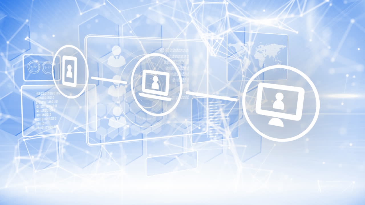 아이콘과 데이터 처리로 연결된 네트워크의 애니메이션이 파란색 배경의 화면 위에 있습니다.