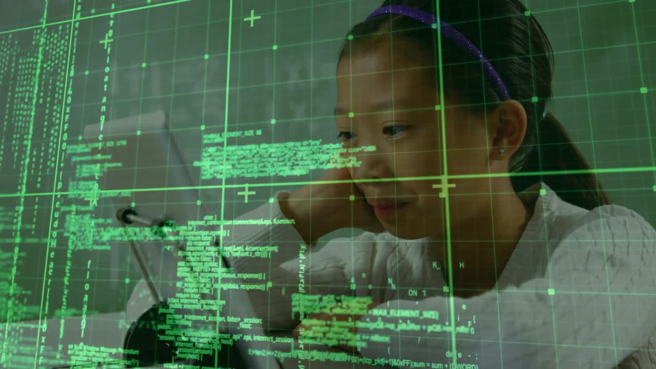 Student tapping tablet screen and generating green code overlay while mastering coding lesson