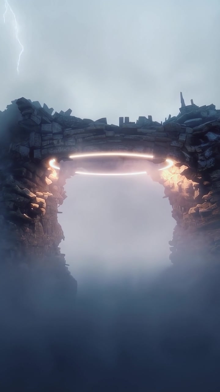 Vertical video: Brightening hanging ring sharpening, stone arch exposing rubble at foggy ruin