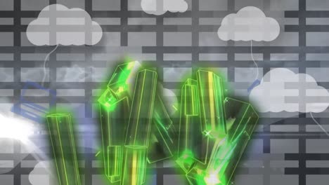 Animación-De-Bloques-Verdes-Brillantes-Con-Nubes-E-íconos-Digitales