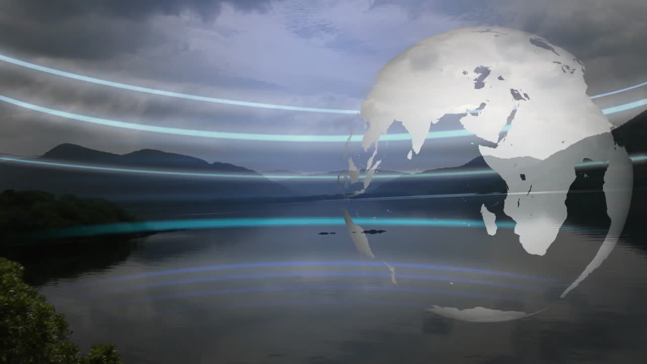 Globe and data lines animation over serene lake and mountain landscape