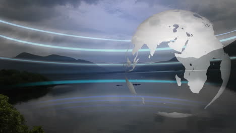 Globe and data lines animation over serene lake and mountain landscape