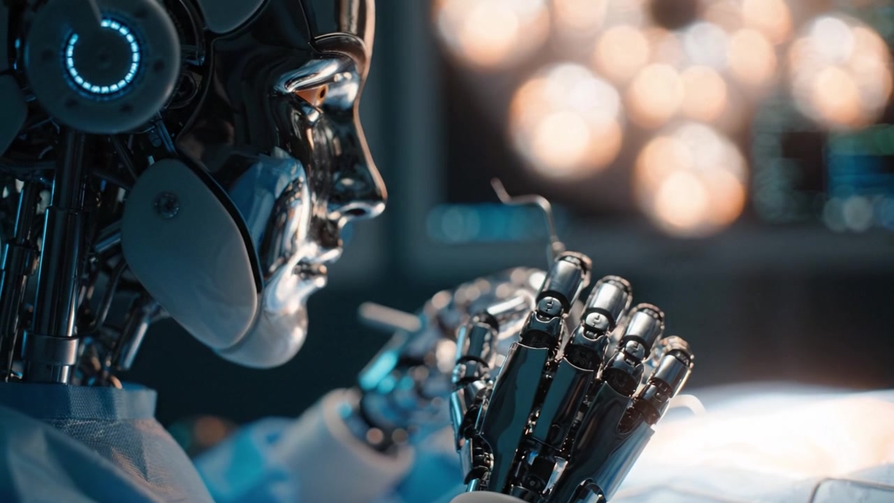 Robot medico futuristico che esegue un intervento chirurgico con strumenti di precisione in un ambiente di sala operatoria ad alta tecnologia, mostrando robotica avanzata e tecnologie di intelligenza artificiale