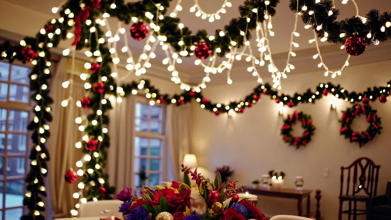 Festive room with Christmas lights and garlands, captured from a low angle