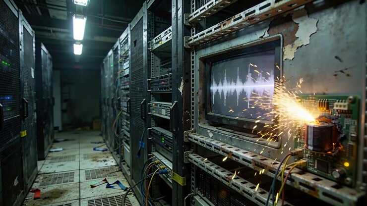 Shorting circuit on right-rack sparking CRT display, casting sparks in rundown corridor, copy space