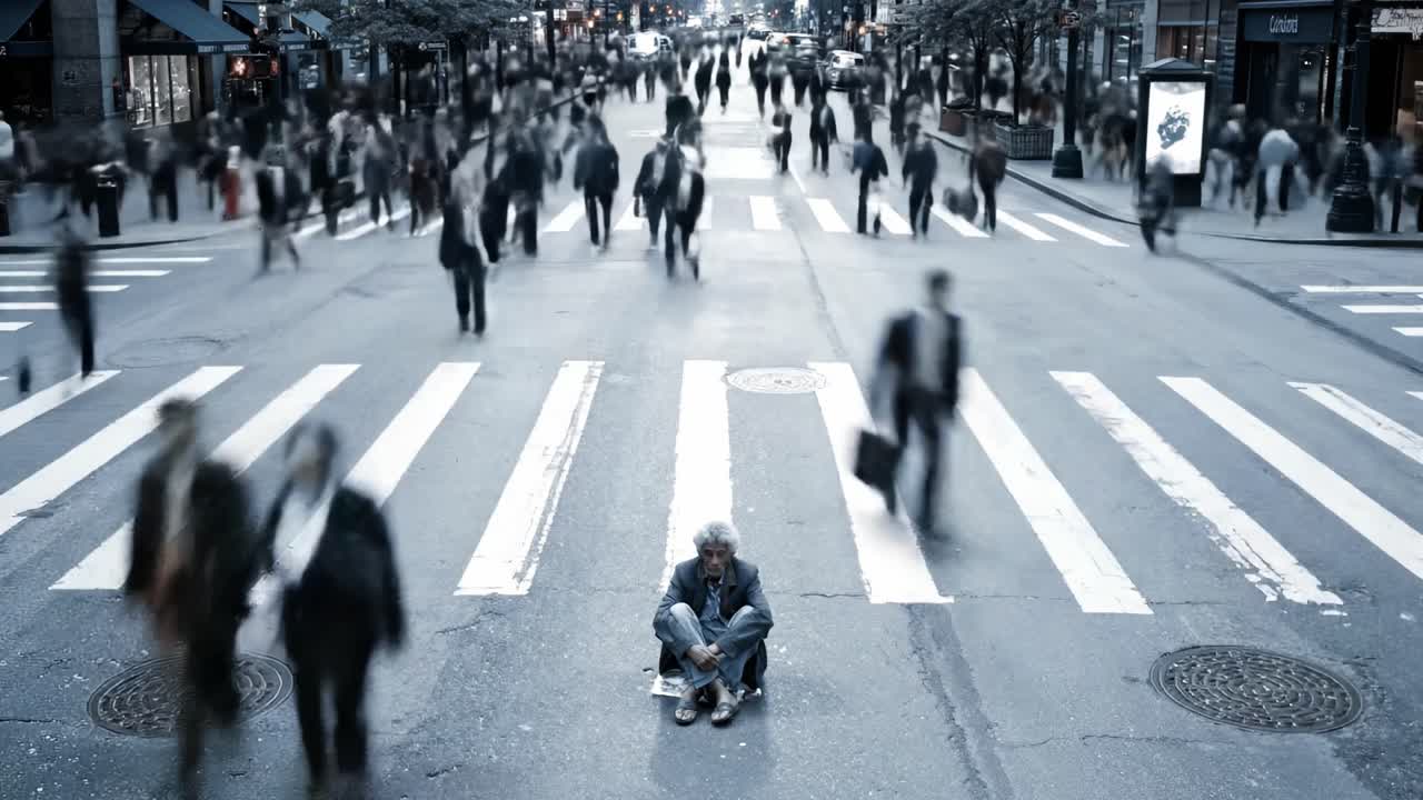 A solitary individual sits on the ground at a crosswalk, surrounded by rushing pedestrians in a bustling metropolitan area. The contrast highlights the social issue of homelessness.