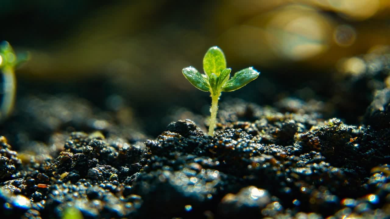 Close-up video of a tiny sprout emerging from soil, captured at ground level