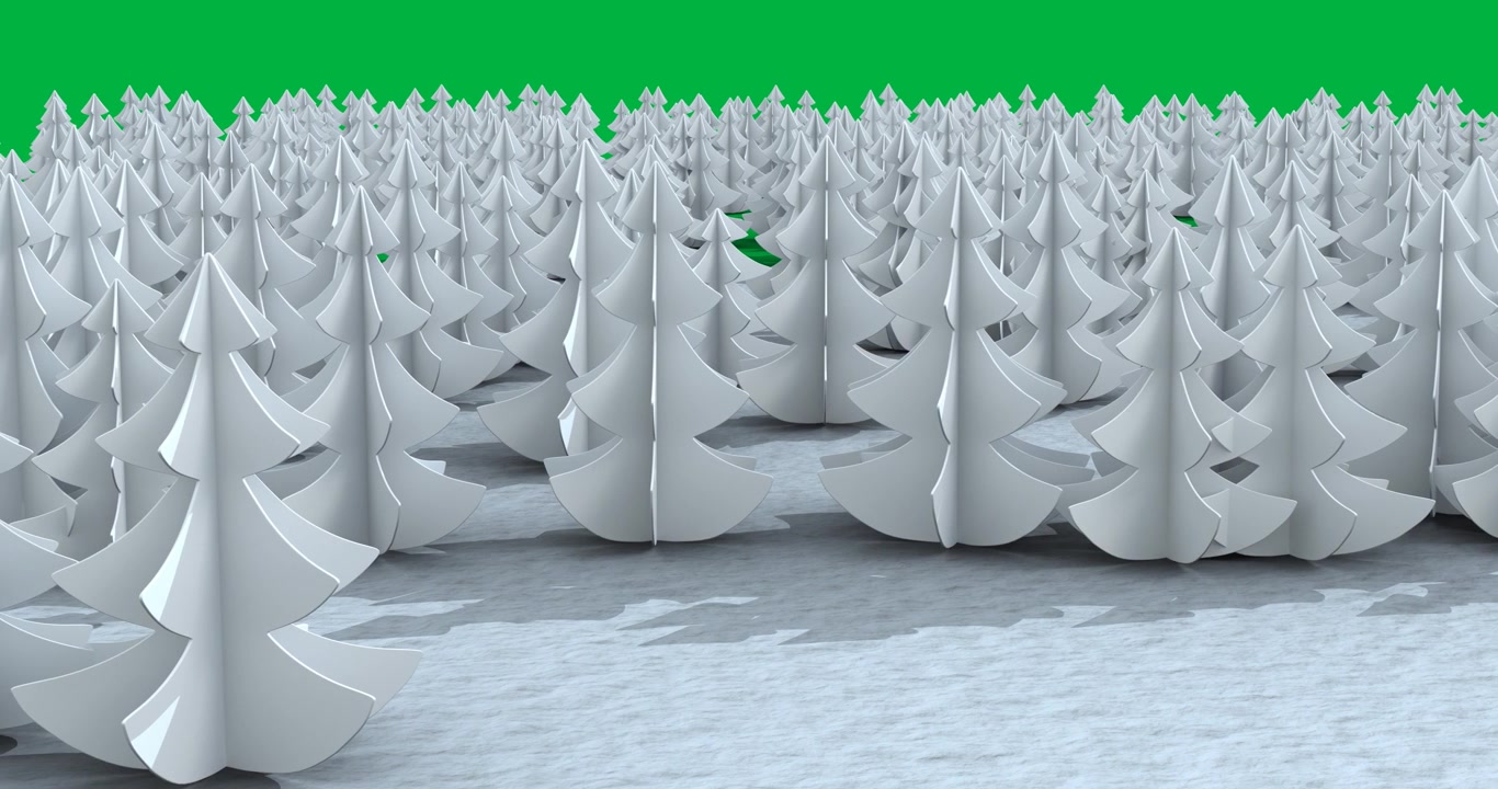 Animation af vinterlandskab med granskov dækket af sne på sort baggrund