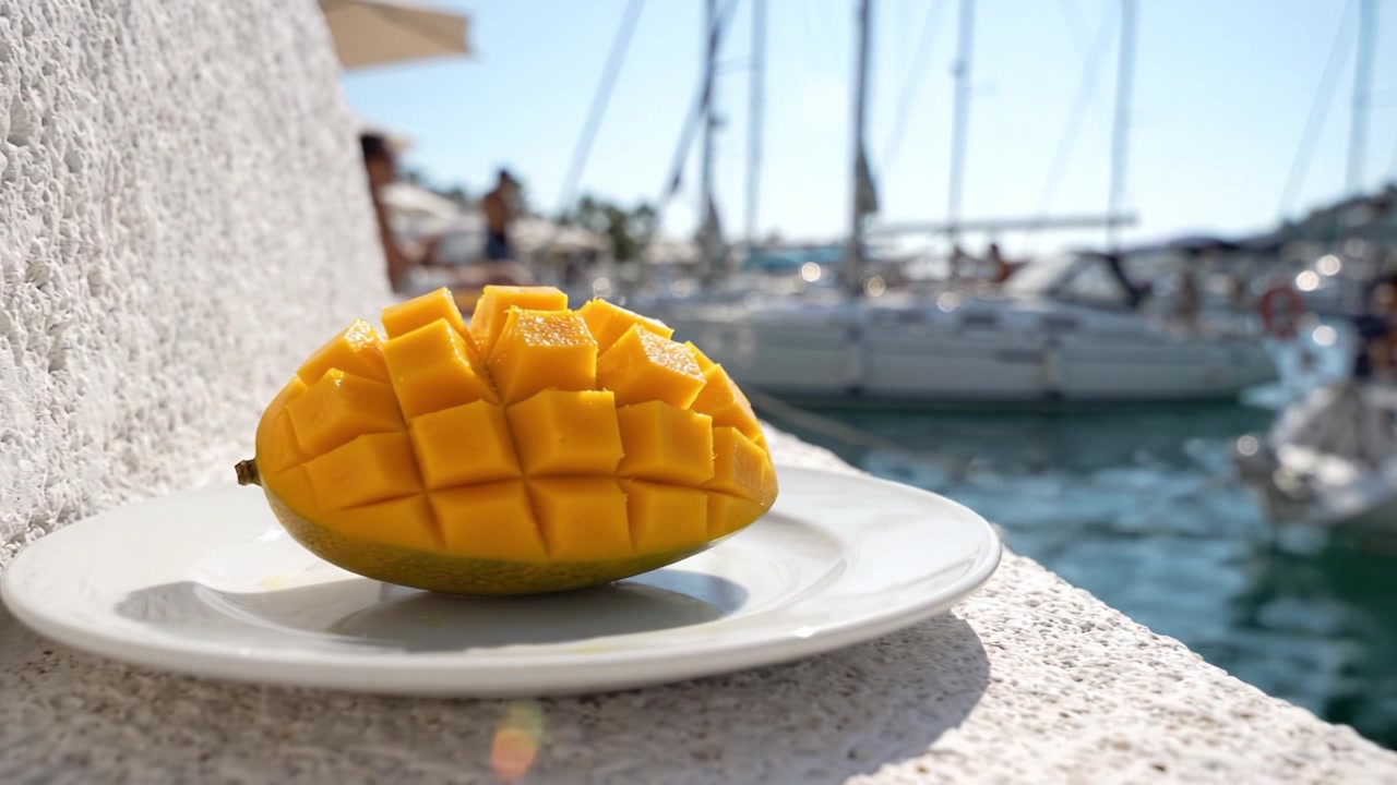 Mango fresco e delizioso su un piatto con una vista panoramica sulla marina, con barche a vela sotto un cielo limpido e soleggiato.