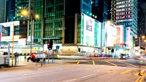 pedestrian and car traffic on the street in mong kok hong kong at night