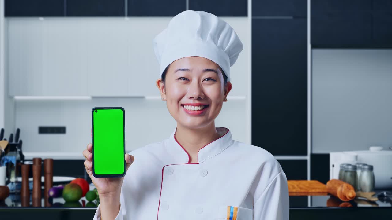 초록색 스크린 스마트폰을 보여주는 셰프