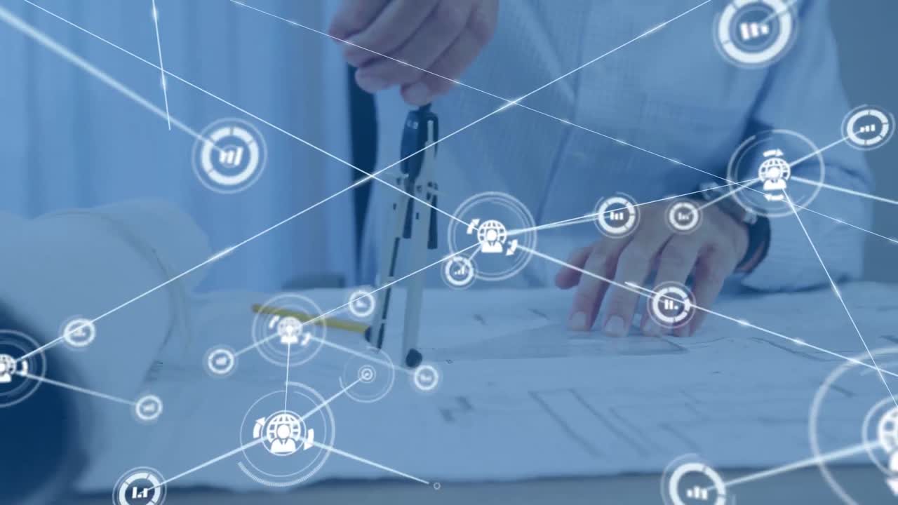 animación de la red de conexiones con iconos sobre arquitecto caucásico masculino